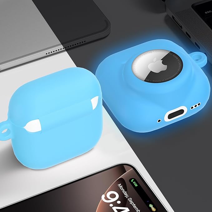 2 in 1 Silicone Case Compatible with AirPod 4 and AirTag, Shockproof Protective Skin Cover for AirPods 4th Generation with Cleaner Kit & Carabiner (Glow Blue)