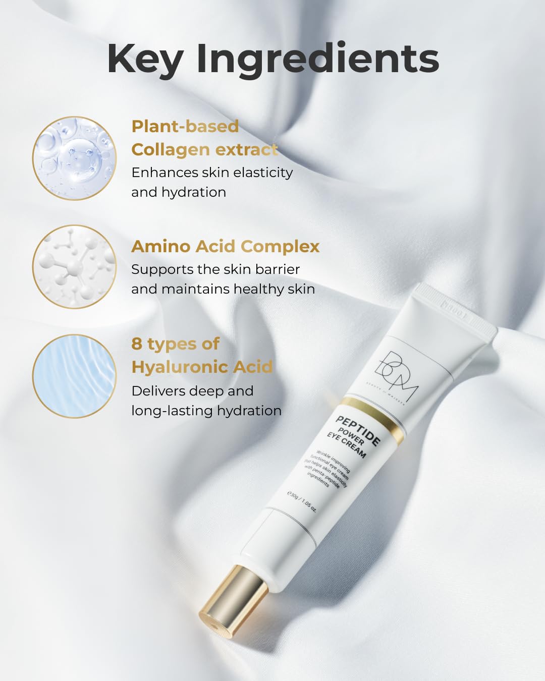 bom COSMETICS Peptide Power Eye Cream 1.05 Fl Oz, Penta-Peptide and 99% Pure Gold Lightweight Eye Cream for Skin Collagen Boost to Reduces Fine Lines, Wrinkles, Enhances Elasticity, Korean Skin Care