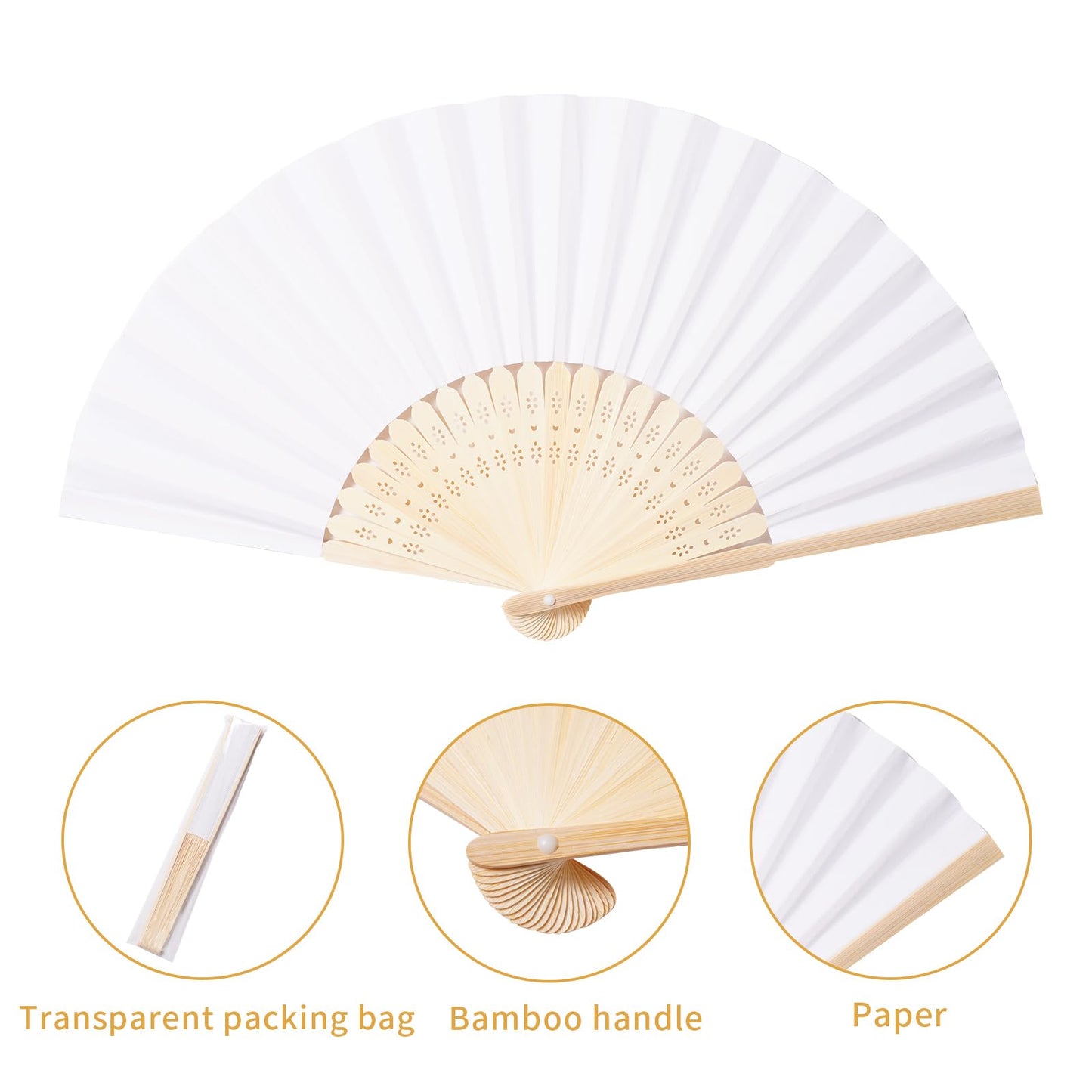 Sepwedd 50pcs White Paper Hand Fan Bamboo Folding,Handheld Paper Folded for Wedding Party and Home Decoration