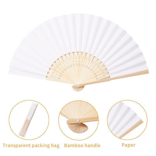 Sepwedd 50pcs White Paper Hand Fan Bamboo Folding,Handheld Paper Folded for Wedding Party and Home Decoration