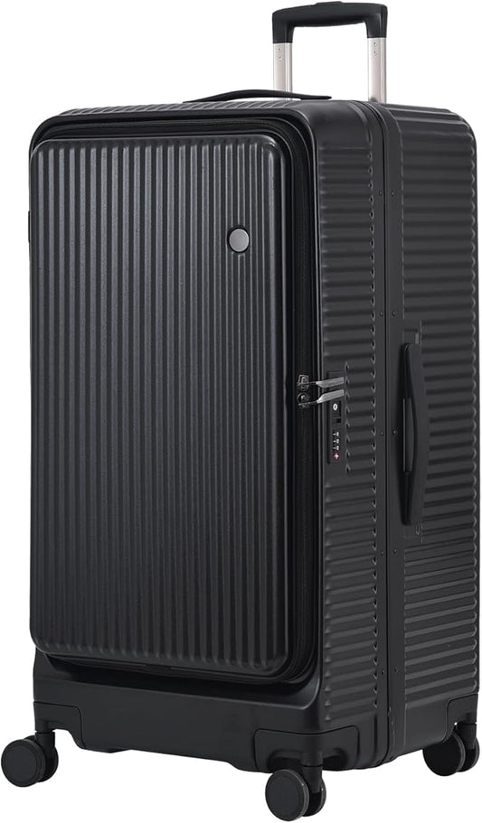 29 Inch Aluminum Checked Luggage with Side Opening Zipper, 40 * 37 * 77cm, 113L, Lightweight Hardshell ABS+PC Suitcase with TSA Lock, 360° Universal Wheels, Black