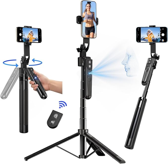 Auto Face Tracking Tripod 360° Rotation with Stand, 70.9" Motion Sensor Phone Tripod Stand, No App, Gesture Control, Smart Face Body Auto Tracking Selfie Stick Tripods for Video Record/Live Streaming