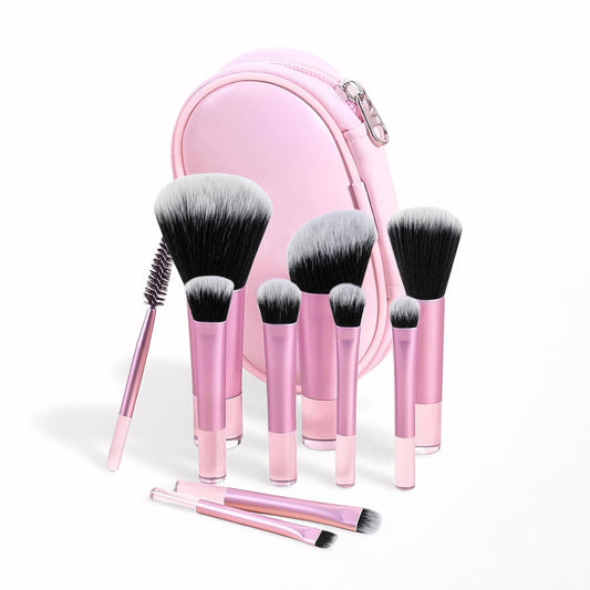 Kingtree 10PCS Mini Makeup Brushes with Pouch, Portable Makeup Brush Travel Set, Easy-taken ON THE GO Makeup Brush Full Complete Function Cosmetic Brushes for Girls