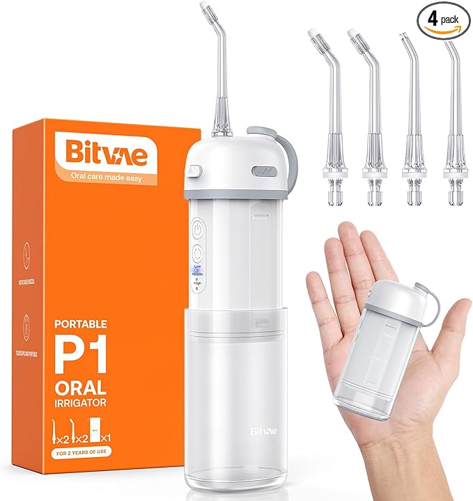 Bitvae P1 Portable Mini Dental Flosser, Cordless Water Cleaner with Telescopic Tank, Rechargeable Oral Irrigator for Travel & Home, Frost White