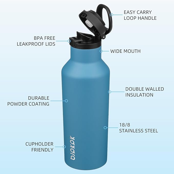 BJPKPK Insulated Water Bottle With Straw 17oz Stainless Steel Water Bottles With 2 Lids And Carry Handle Reusable Travel Metal Thermo,Sea Blue