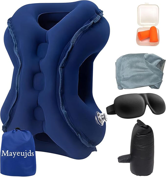 Inflatable Travel Pillow | Airplane Neck Pillow & Portable Inflatable Neck Support - Multifunctional for Flights, Cars, Office Use, with Eye Mask & Earplugs (Blue)