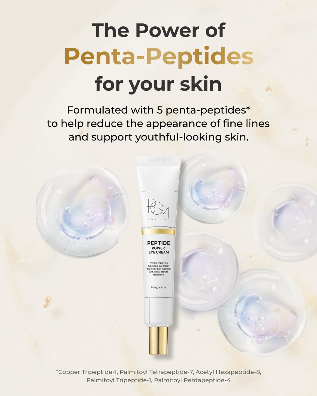 bom COSMETICS Peptide Power Eye Cream 1.05 Fl Oz, Penta-Peptide and 99% Pure Gold Lightweight Eye Cream for Skin Collagen Boost to Reduces Fine Lines, Wrinkles, Enhances Elasticity, Korean Skin Care