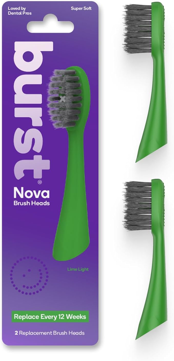 BURST Replacement Heads for Nova Sonic Toothbrush (Green) | Super-Soft Bristles Reduce Risk of Abrasion & Irritation | Tapered Ends Reach Below The Gumline | for a Whiter, Brighter Smile