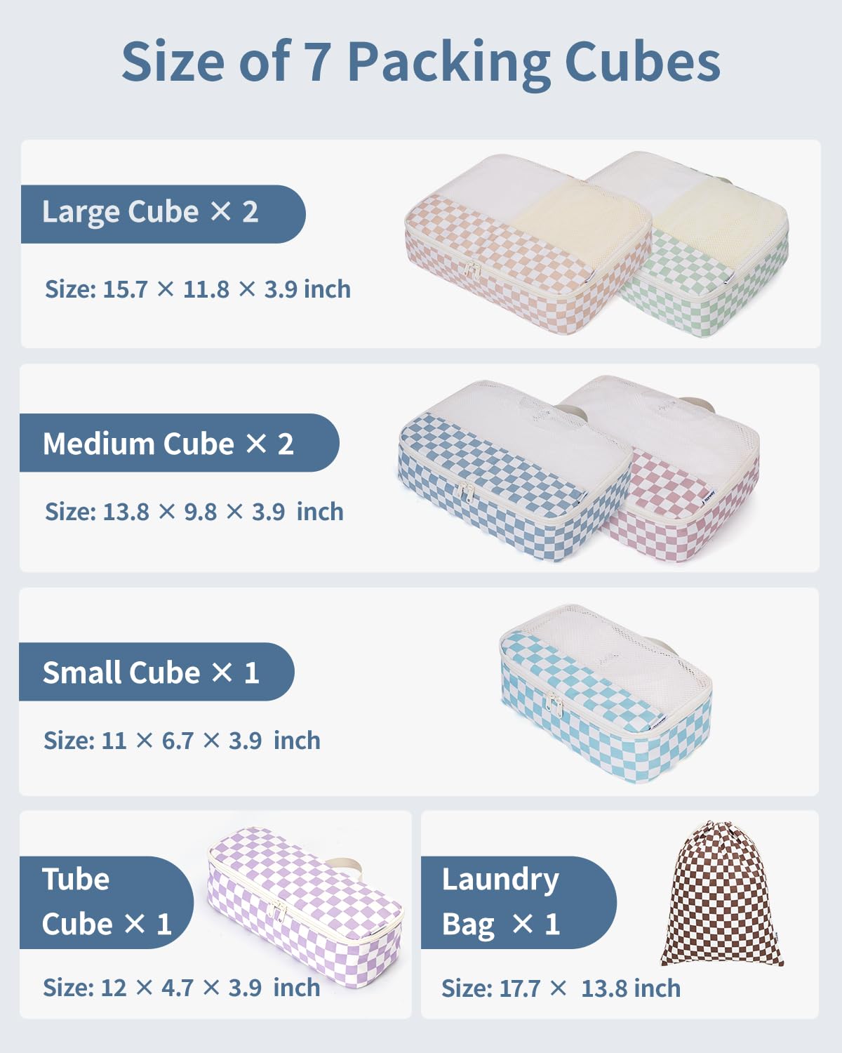 Narwey 7 Set Checkered Packing Cubes for Travel Carry on Suitcase Luggage Organizer Bags for Kids Women Men, Durable Packing Organizers Bag, Travel Essentials Accessories (Combined Checkerboard)
