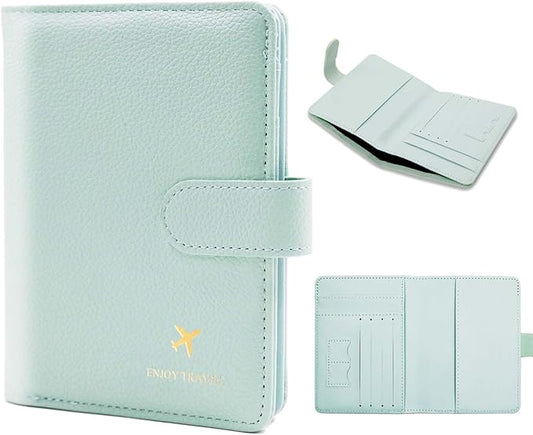 Cnycmy Passport Holder with RFID Blocking, Cash Pocket & Back Zipper Coin Pocket - Travel Document Holder, Magnetic Button, Multiple Card Slots - Soft PU Leather for Men and Women(AQUA GREEN)