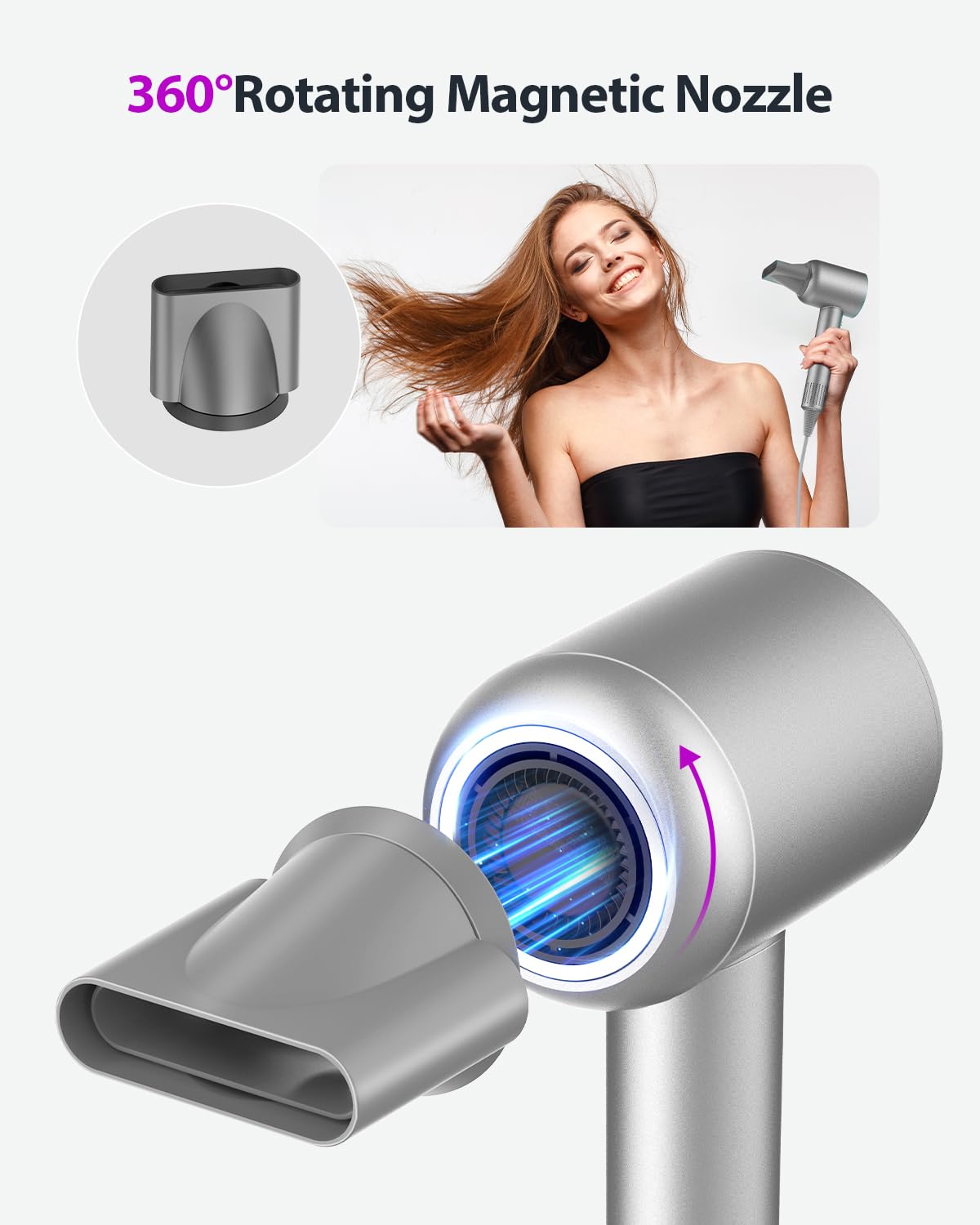 Hair Dryer, 3 Min Fast Drying-160000 RPM Professional High Speed Blow Dryer 200 Millions Negative Ionic Care Hair Dryer, Low Noise Thermo-Control Hairdryer, Travel with Magnetic Nozzle, Gray