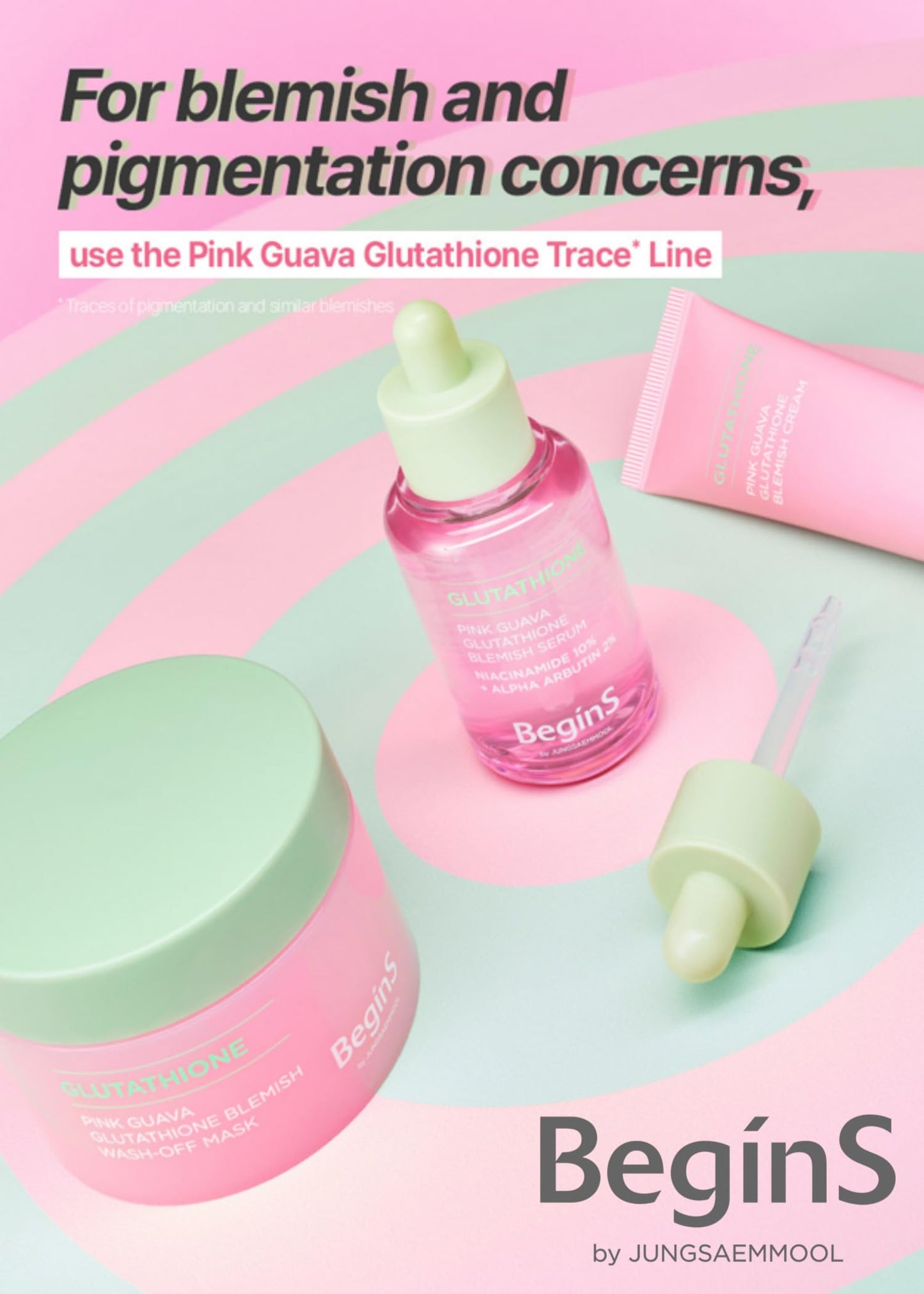 BeginS by JUNGSAEMMOOL Pink Guava Glutathione Blemish Serum 1.01 Fl Oz, Uneven Skin Tone Care Serum with 99% Pure Glutathion, Niacinamide, Vitamin C, Fast-Absorbing Hydrating Texture, Korean Skincare