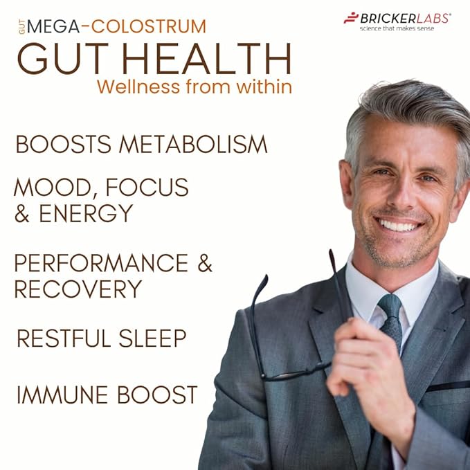 Bricker Labs Mega-Colostrum Capsules, Gut Health, Immunity, Skin & Hair, 1000 mg Bovine Colostrum Supplement 40% IgG, Rich in bioactive proteins, Growth Factors and antibodies, 45 Servings