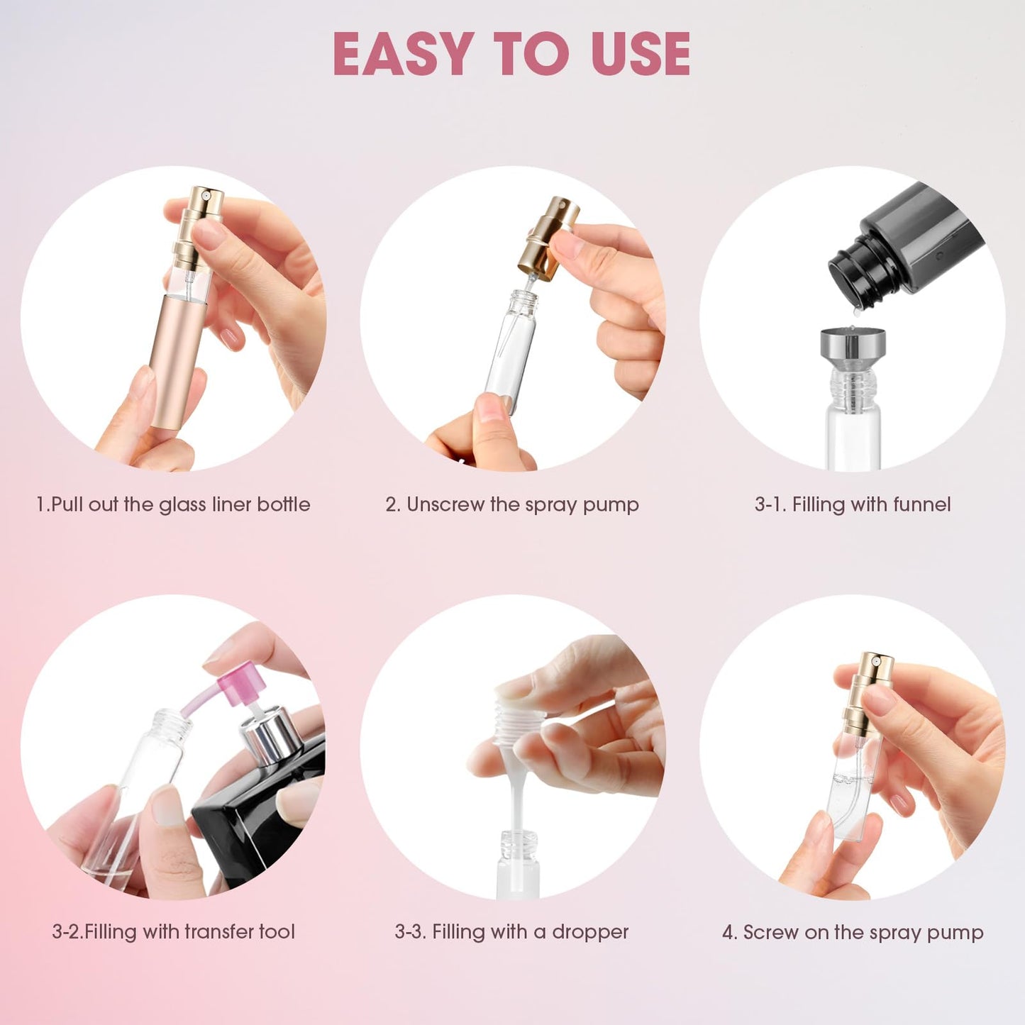 Squway 3PCS Perfume Travel Refillable Bottle, 5ml Cologne Travel Bottle, Atomizer Sprayer for Perfume, Mini Cologne Dispenser Empty Fragrance Spray for Women, Men, Gift (Black & Grey & Pink)