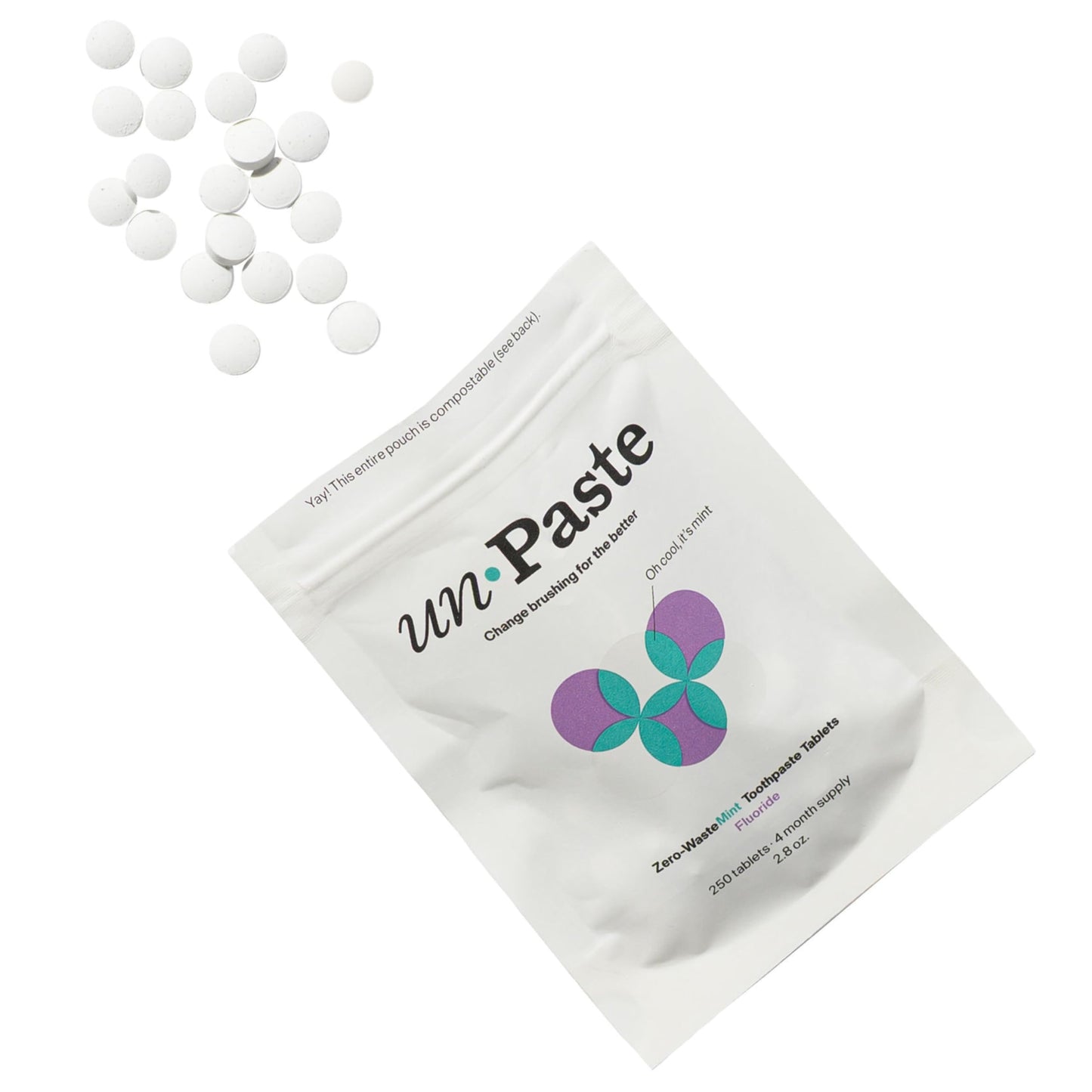 Unpaste Toothpaste Tablets, New Formula, Fluoride Mint, Xylitol Free, Vegan, Plastic Free, Travel-Friendly, Resealable Packet, 250ct, 4 Month Supply