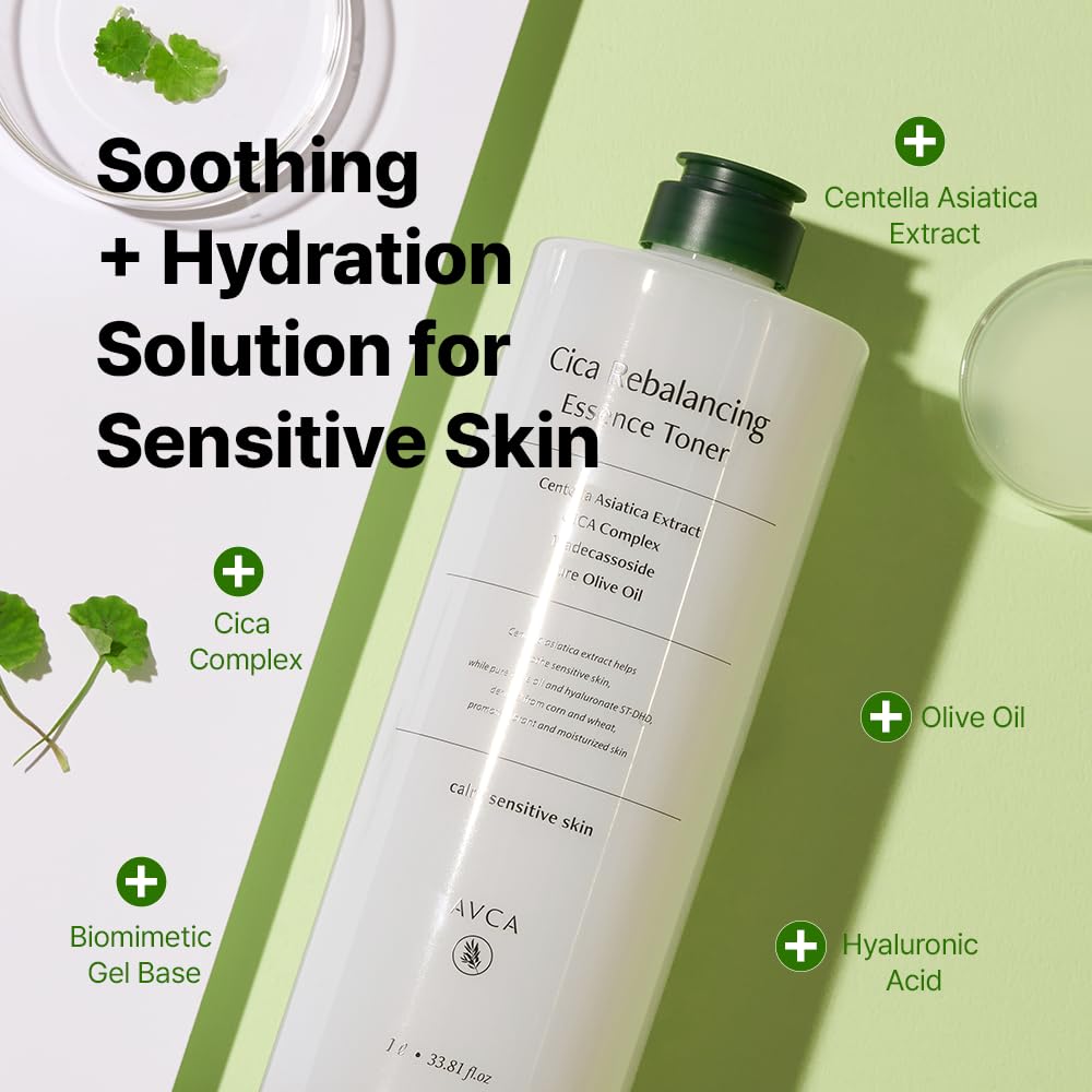 AVCA CICA Rebalancing Essence Facial Toner - Korean Toner with Centella Asiatica for Hydrating & Soothing, ph5.5 Trouble Care, Korean Skin Care (1L/33.8fl.oz.)