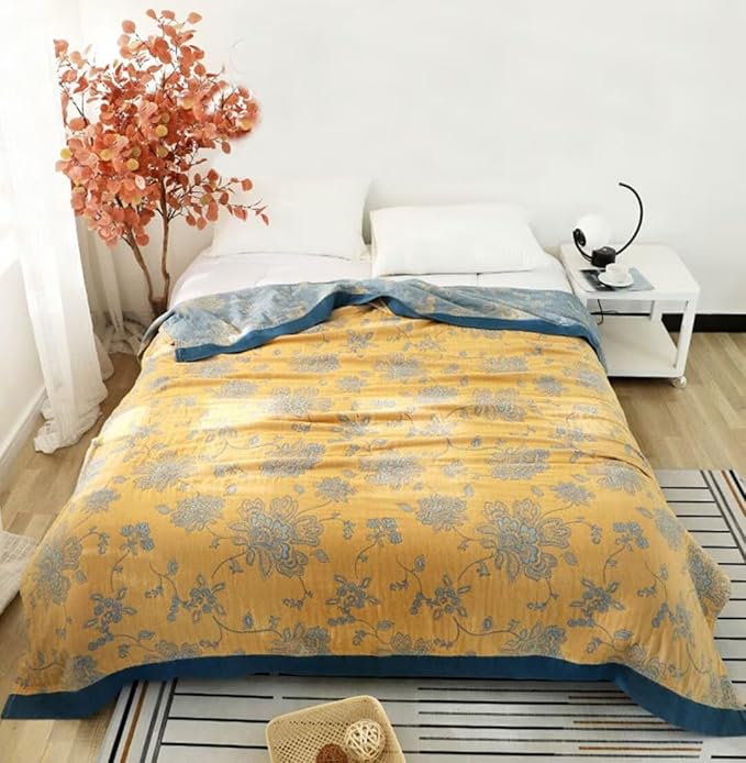 Boho Throw Blankets for Bed- 100% Cotton Soft Cozy Rustic Quilt Blanket,Floran Printed Muslin Summer Blankets 80"x90" Rustic Throws for All Season Sofa Chair Couch Blanket