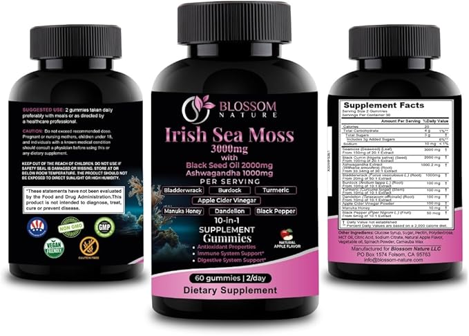 10-in 1 Irish Sea Moss Gummies 3000mg with Black Seed Oil Ashwagandha Bladderwrack Burdock Turmeric Apple Cider Vinegar Manuka Honey Dandelion - for Immune and Digestive System, Made in US