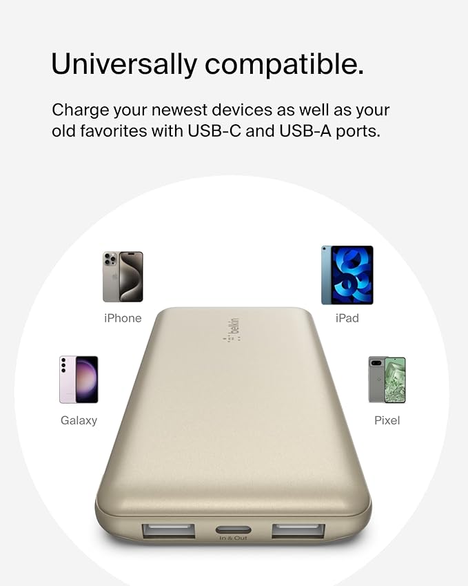 Belkin Portable Charger, USB-C Power Bank 10000 mAh w/ 2xUSB-A Ports, 15W w/Type-C to Type-A Cable for iPhone 17, Air, Pro, Samsung Galaxy S25, iPad, Nintendo Switch 2, Google Pixel 10, etc. - Gold