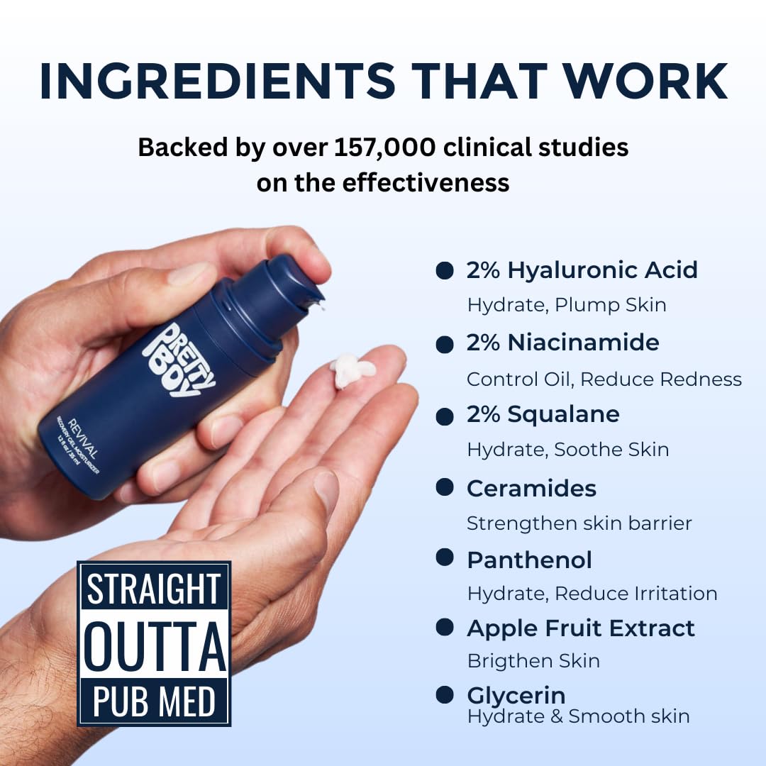 Prettyboy Face Revival Gel Moisturizer For Men - Hydrating Cream That Refreshes Dry Skin, Irritation, & Redness - Supports Anti Aging & Anti Wrinkle - Fragrance Free - 3 Count