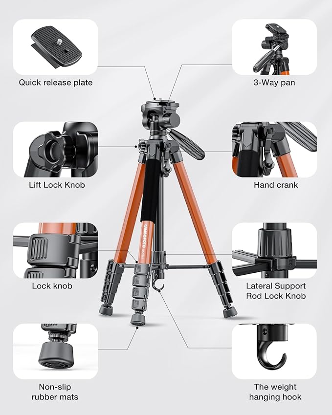 74"-Camera-Tripod, Professional Aluminum Heavy Duty Tripod Stand for Mirrorless Camera/DSLR/Cell Phone/Camcorder, with Holder and Travel Bag (Orange)