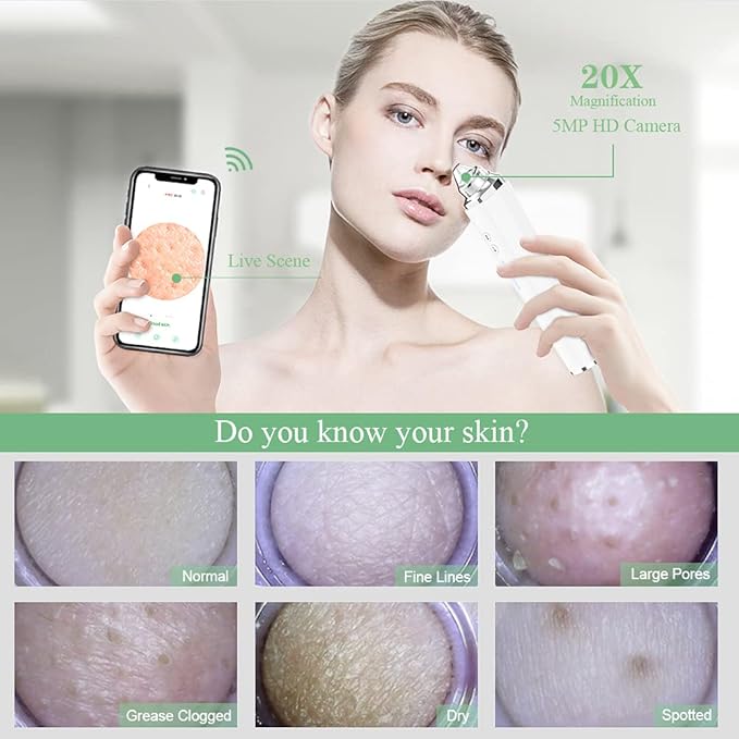 Blackhead Remover Pore Vacuum, 【[FDA Certification] 】 WiFi Visible Facial Pore Cleanser with HD Camera Pimple Acne Comedone Extractor Kit with 6 Suction Heads Electric Blackhead Suction Tool