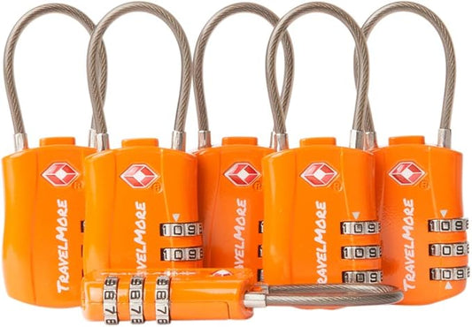 6 Pack TSA Approved Travel Combination Cable Luggage Locks for Suitcases & Backpacks - Orange