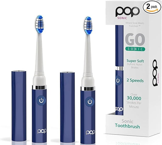 2-Pack Pop Sonic Electric Toothbrush (Navy Blue) - Travel Toothbrushes w/AAA Battery | Kids Electric Toothbrushes with 2 Speed & 15,000-30,000 Strokes/Minute, Dupont Nylon Bristles
