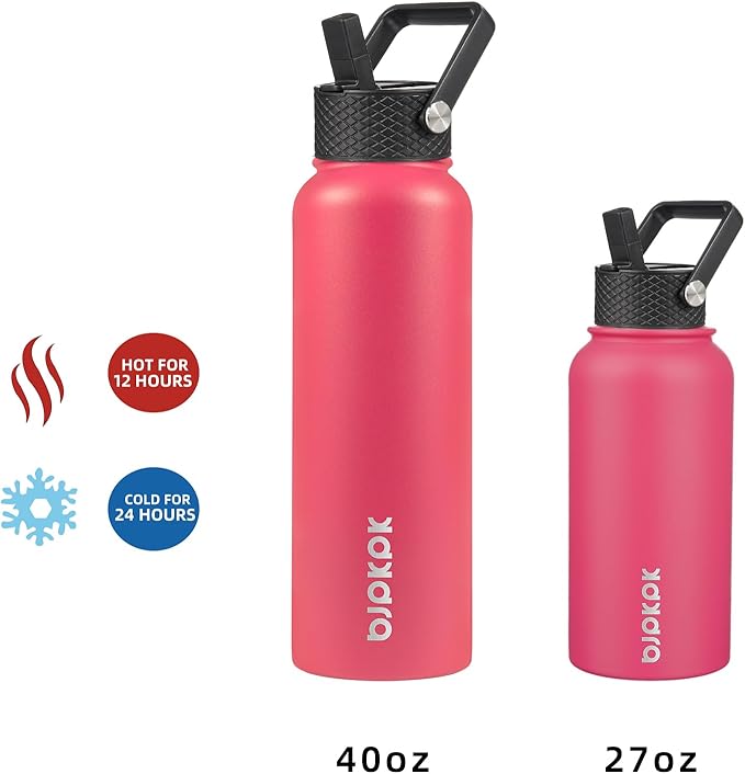 BJPKPK Insulated Water Bottles with Straw Lid, 27oz Stainless Steel Water Bottle with 3 Lids, Leak Proof BPA Free Metal Thermo, Mugs, Tumblers, Keep Cold Hot - Rose Pink