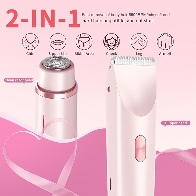 2-in-1 Electric Shaver & Bikini Trimmer for Women - Painless Hair Removal for Body, Face & Bikini, Hypoallergenic, IPX7 Waterproof, Cordless Wet/Dry for Shower & Travel (Pink)