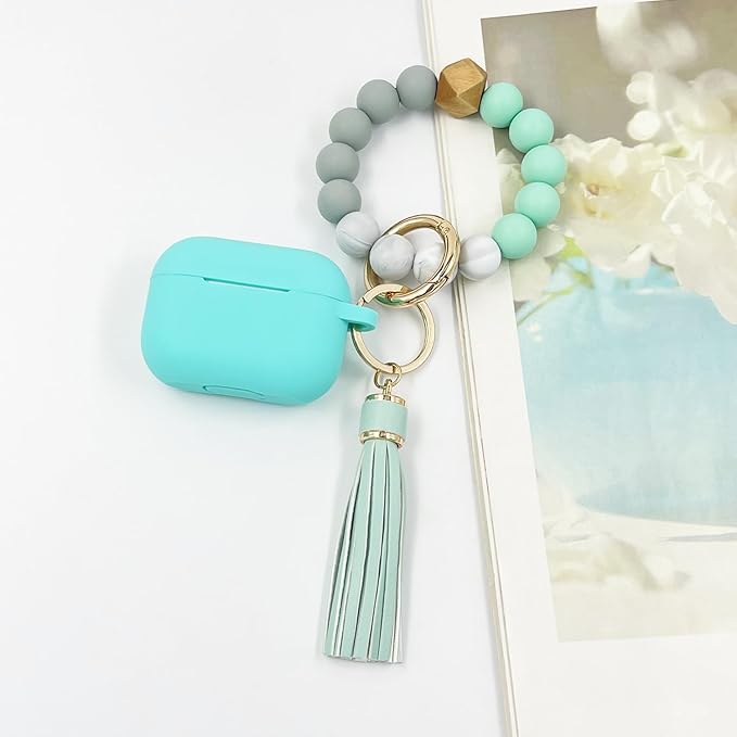 Compatible with Airpods Pro Soft Silicone Case Cover with Bracelet Keychain for Apple Airpod Pro 1st Generation Case for Women (Mint Green)