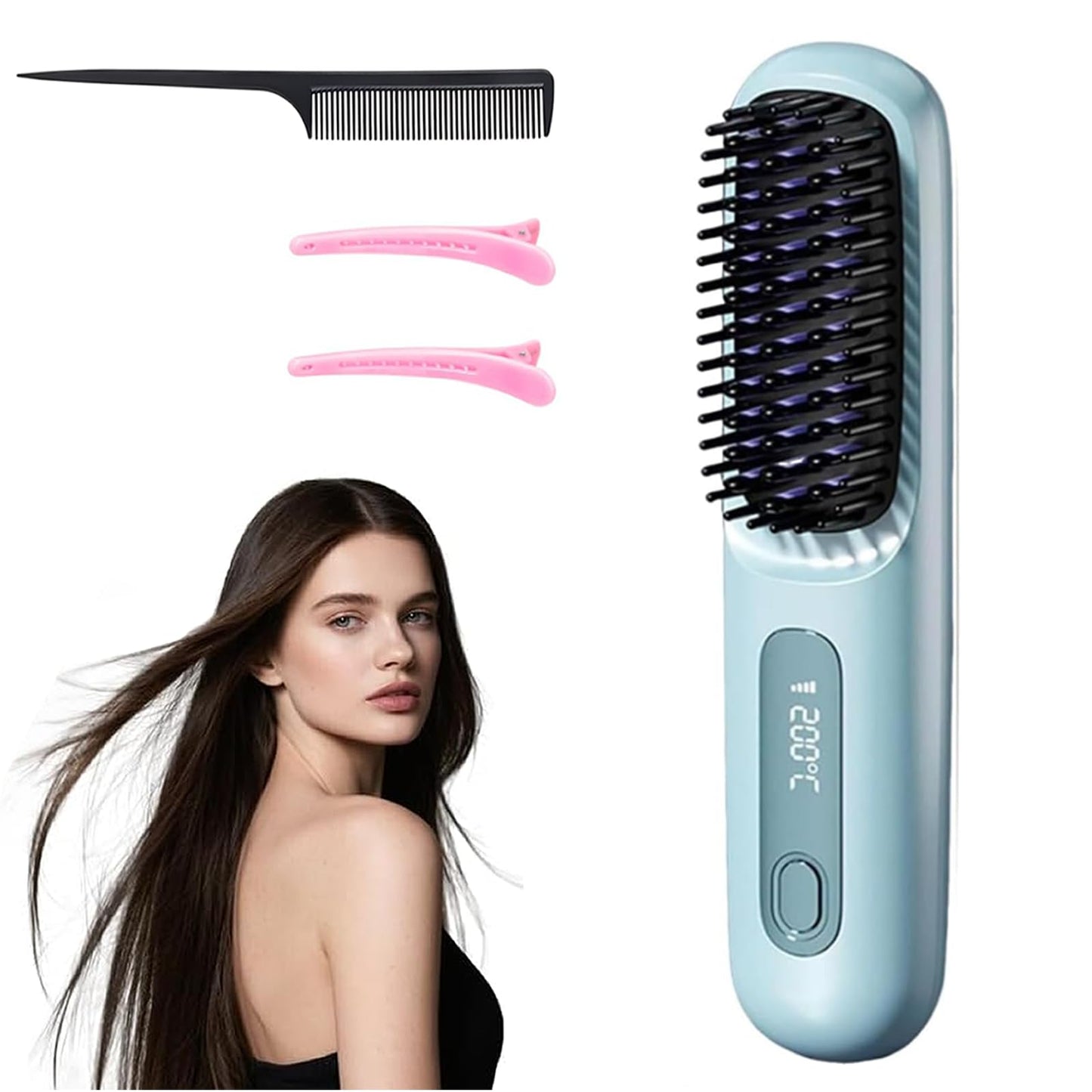 Go Brush Pro 2025 New Cordless Hair Straightener Brush - 199 Million Negative Ions, Compact & Travel-Friendly with LED Display, 4000mAh Rechargeable, Anti-Scald Mini Hot Comb for Women (Blue)