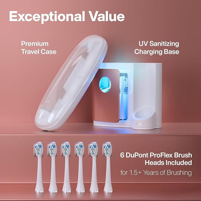 Aquasonic Vibe Series PRO – Ultra-Whitening Electric Toothbrush – 5 Modes & Smart Timers – UV Sanitizing Base – ADA Accepted (Satin Rose Gold)