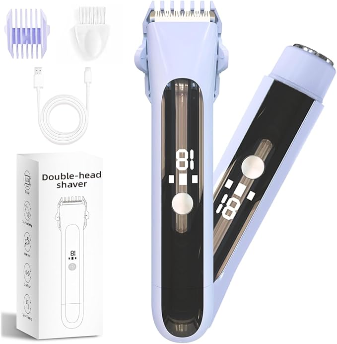 2 in 1 Women Electric Shaver,Dual Head Bikini Trimmer for Women IPX7 Waterproof Wet & Dry Use with Ceramic Blade Trimmer Remover Rechargeable HD Display for Bikini Leg Arm Body Face（Purple）