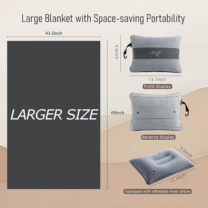 Melissa Large Travel Blanket and Inflatable Pillow Set - 69“ x 43.3” – Soft Blanket with Carry Bag – Lightweight, Compact & Washable for Backpacking, Hiking, Car, Airplane, Office, Camping (Gray)
