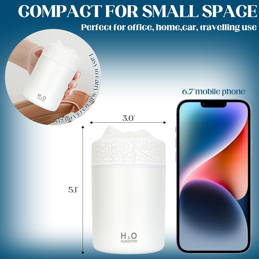 Portable Mini Humidifier, 300ml USB Personal Desktop Small Humidifier, Cool Mist Humidifiers for Bedroom Car Office Travel, Auto Shut-Off, 2 Mist Modes Quiet (White)