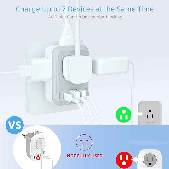 BESTEK 3 Pack European Travel Plug Adapter USB C - US to Europe Plug Adapter with 4 Outlets 3 USB Charger (1 PD 20W) Type C Plug Adapter Travel Essentials to Most Europe EU Spain Italy France Germany
