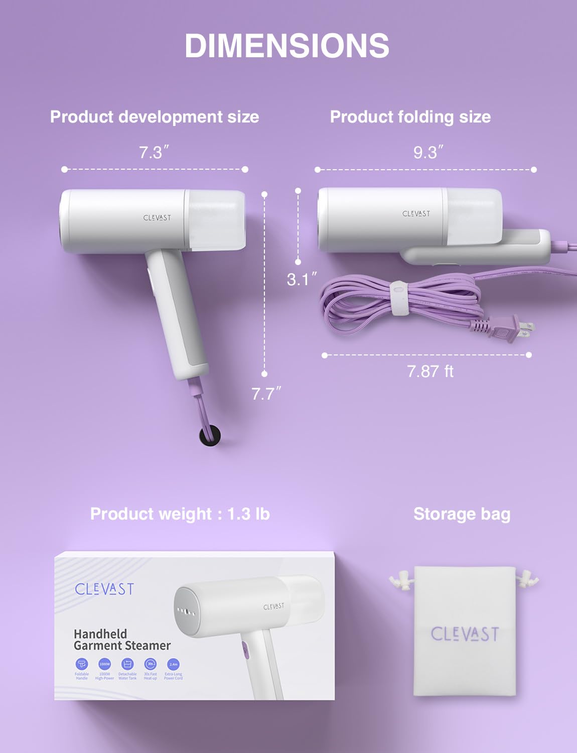 CLEVAST Travel Steamer for Clothes - Portable Handheld Garment Steamer for Clothing, Small Foldable Travel Size Fabric Wrinkle Remover, 30-Second Fast Heat Up, 1000W Powerful Steam Output, 120V Only