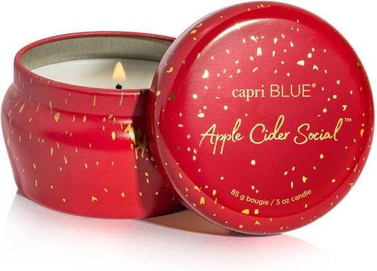 Capri Blue Glimmer Mini Tin - Apple Scented Candle with Mini Candle Holder - Soy Wax Blend - Capri Blue Apple Cider Social Red and Gold (3 oz)