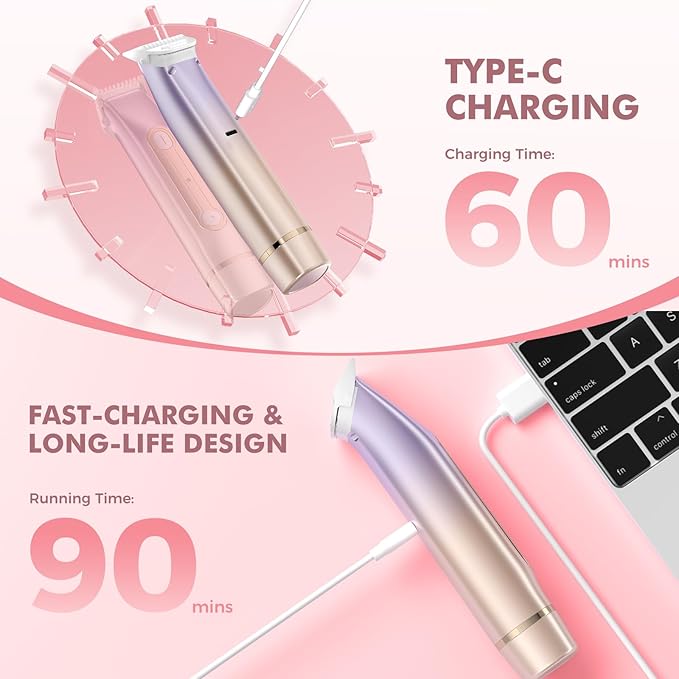 2 in 1 Bikini Trimmer for Women, Dual Head Electric Razor, IPX7 Waterproof Wet/Dry Use Women Electric Shaver, Painless Body Facial Hair Remover for Bikini Legs Arm Underarm, (Lavender)