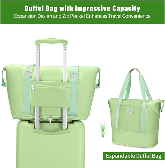 20 inch Carry On Luggage Front Open Pocket Extension Bag, ABS+PC Suitcase with Spinner Wheels TSA Lock & YKK Zipper, 20in/Toiletry Bag/Handbag, Light Avocado Green