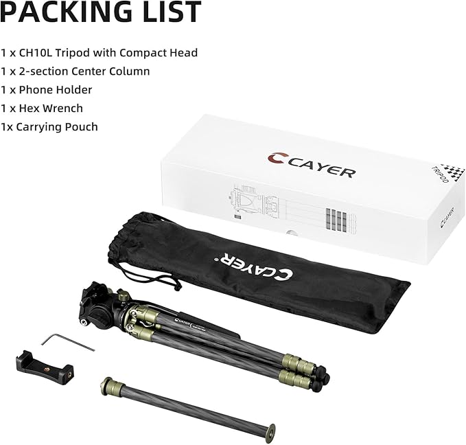 Cayer CH10L Carbon Fiber Tripod with S1 Mini Fluid Head, 28" Compact Desktop Stand, Tabletop Camera Support with Center Column for Mirrorless Cameras Video Camcorder Mobile Phone Webcam - Green