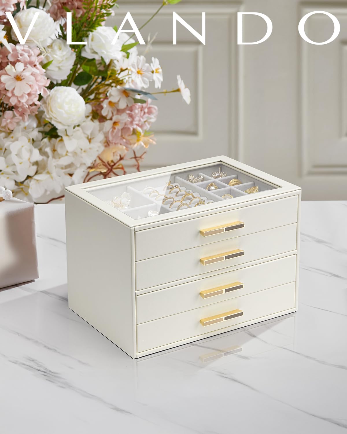 Vlando 4 Layer Jewelry Box for Women, Glass Lid Jewelry Organizer with 4 Drawers for Necklaces Rings Earrings Bracelets - Cloud White