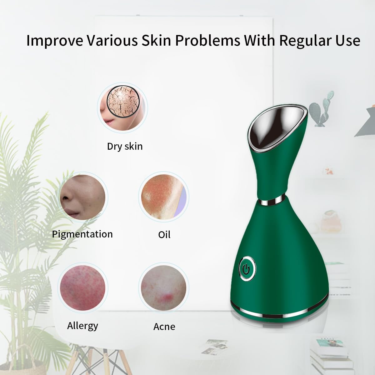 Facial Steamer-Nano Ionic Facial Steamer Warm Mist Humidifier Atomizer Sprayer Moisturizing Face Steamer Home Sauna SPA Face with 4 Piece Stainless Steel Skin Kit and Hair Band(Green)