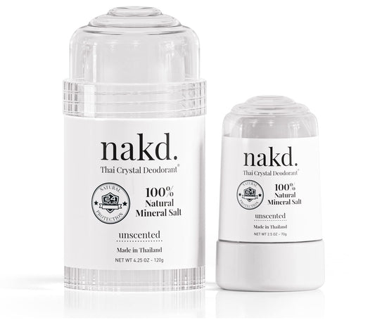 nakd. Thai Crystal Deodorant Stone – 2 Salt Crystal Deodorant Sticks, 4.25 oz. Regular + 2.5 oz. Travel Size – All Natural Unscented and Aluminum Free for Women & Men