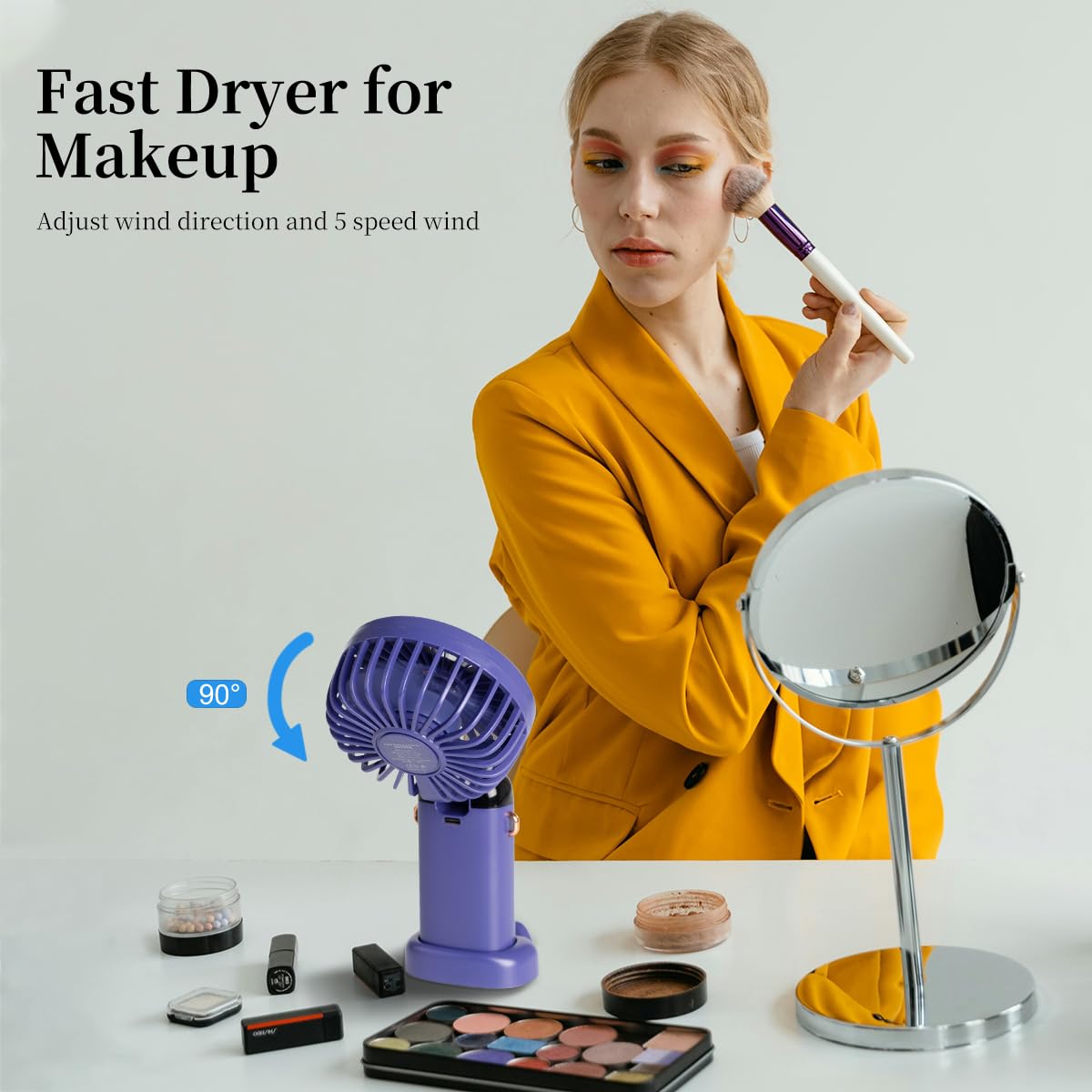 Aucoofany Portable Handheld Fan, 12 hours, Upgrade 3200mAh Portable Fan with LED Display, 90° Foldable, 5 Speed Wind,Hand Held/Neck/Desk 3 in 1 Personal Small Fans, Makeup Fans for Women (Purple)