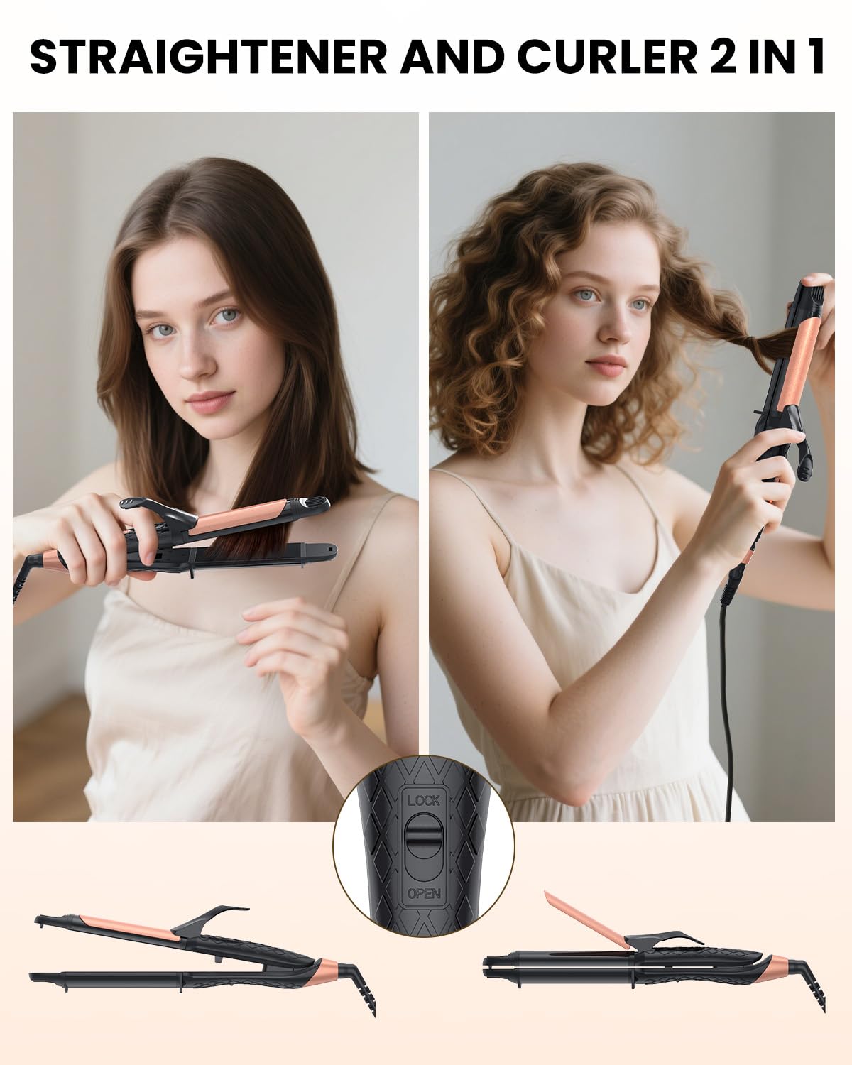 Dual Voltage Curling Iron 2-in-1 Curling Iron 1 Inch,(100V~240V) Dual Voltage Hair Straightener Travel CurlingIron European Flat Iron(Black)