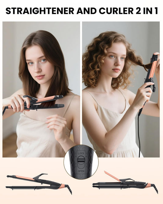 Dual Voltage Curling Iron 2-in-1 Curling Iron 1 Inch,(100V~240V) Dual Voltage Hair Straightener Travel CurlingIron European Flat Iron(Black)