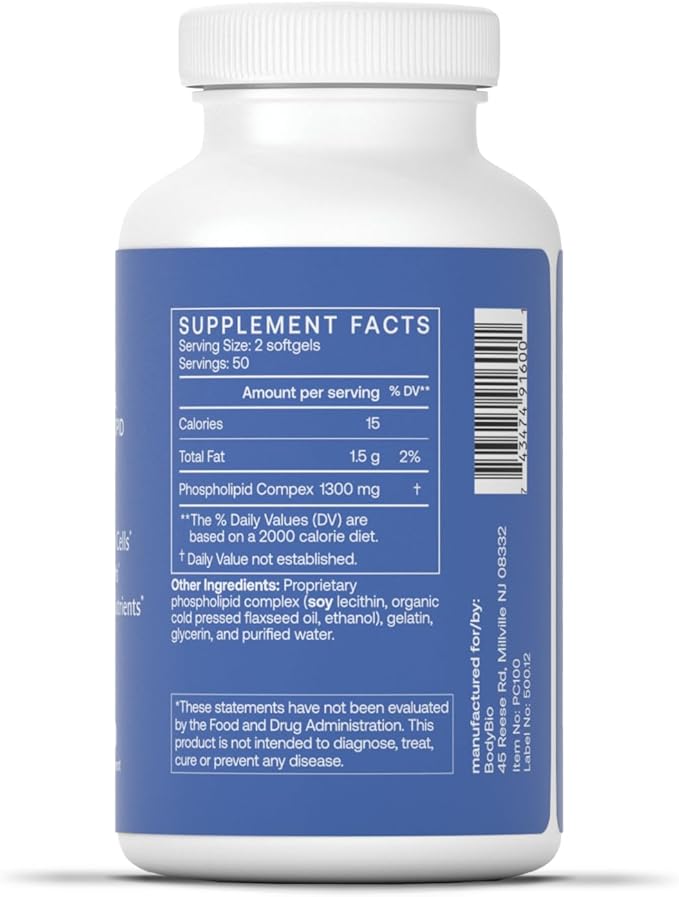 BodyBio PC - Phosphatidylcholine for Brain Health, Mental Clarity, Cognitive Function, Cellular Repair & Healthy Aging, Phospholipid Complex Supplement for Gentle Daily Detox