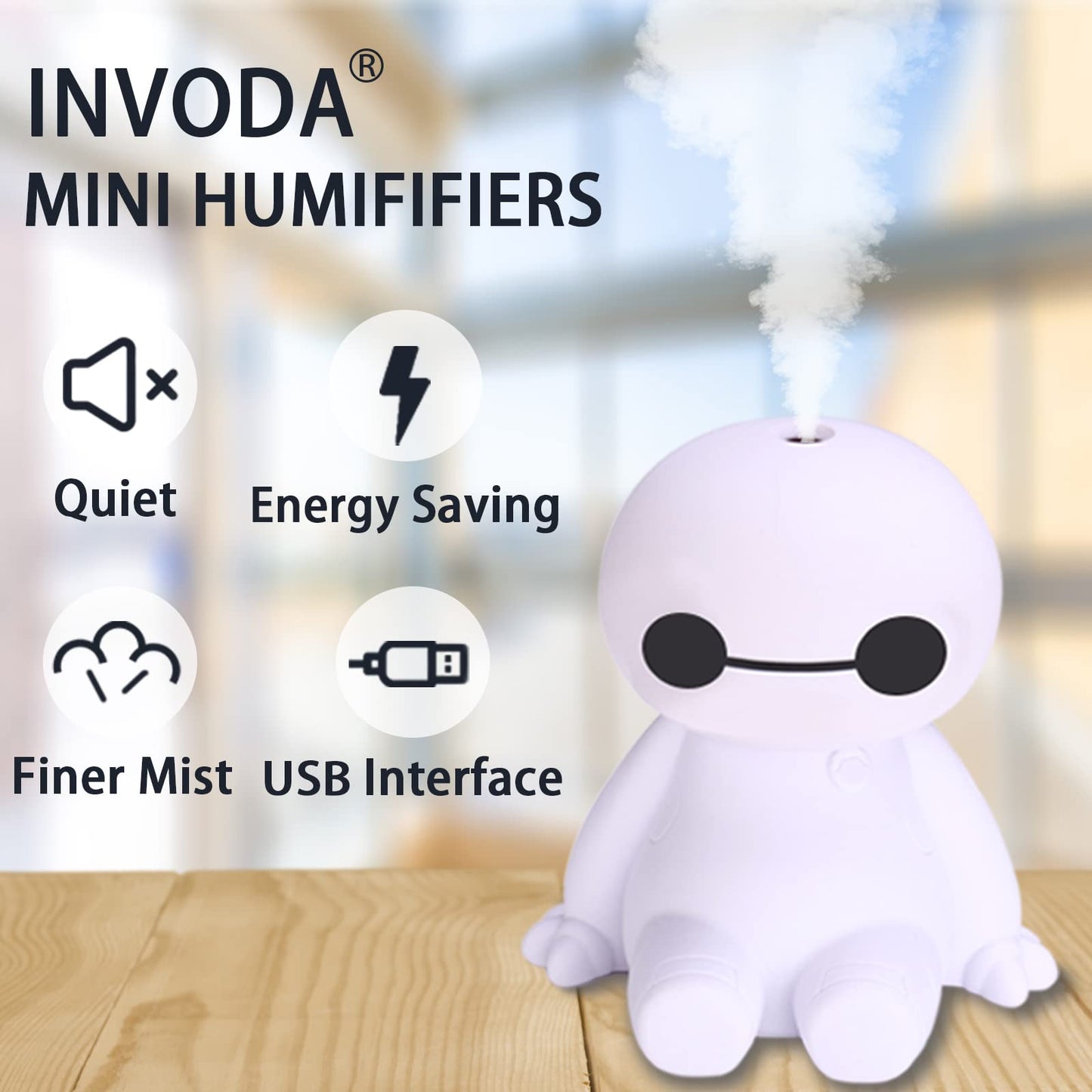 INVODA Humidifiers Portable Small Cool Mist Humidifiers Mini USB Personal Desktop for Travel, Car, Office Room, Bedroom (White)